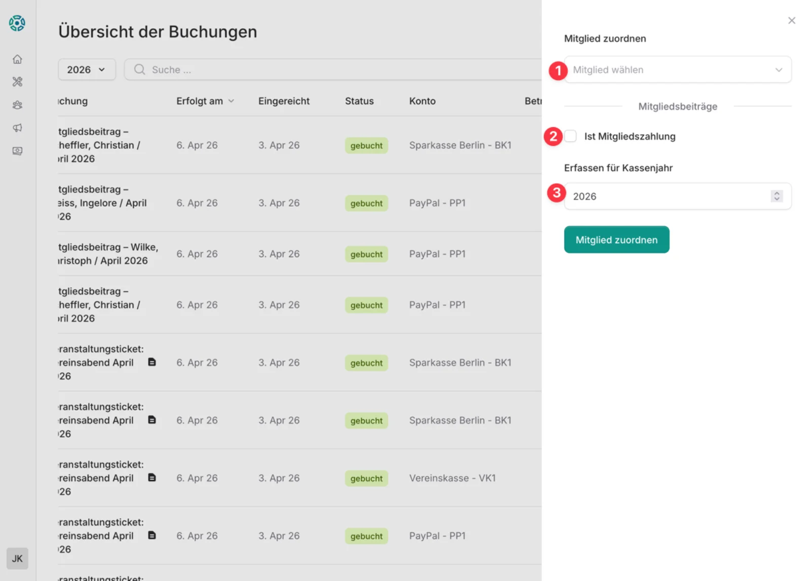 CommuCore Mitglied zuordnen – Drawer mit Mitglied, Mitgliedszahlung und Kassenjahr