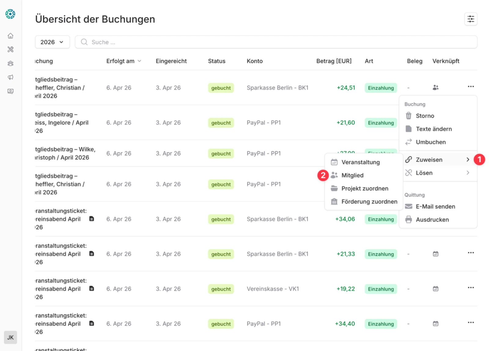 CommuCore Buchung zuweisen – Kontextmenü mit Zuweisen-Option
