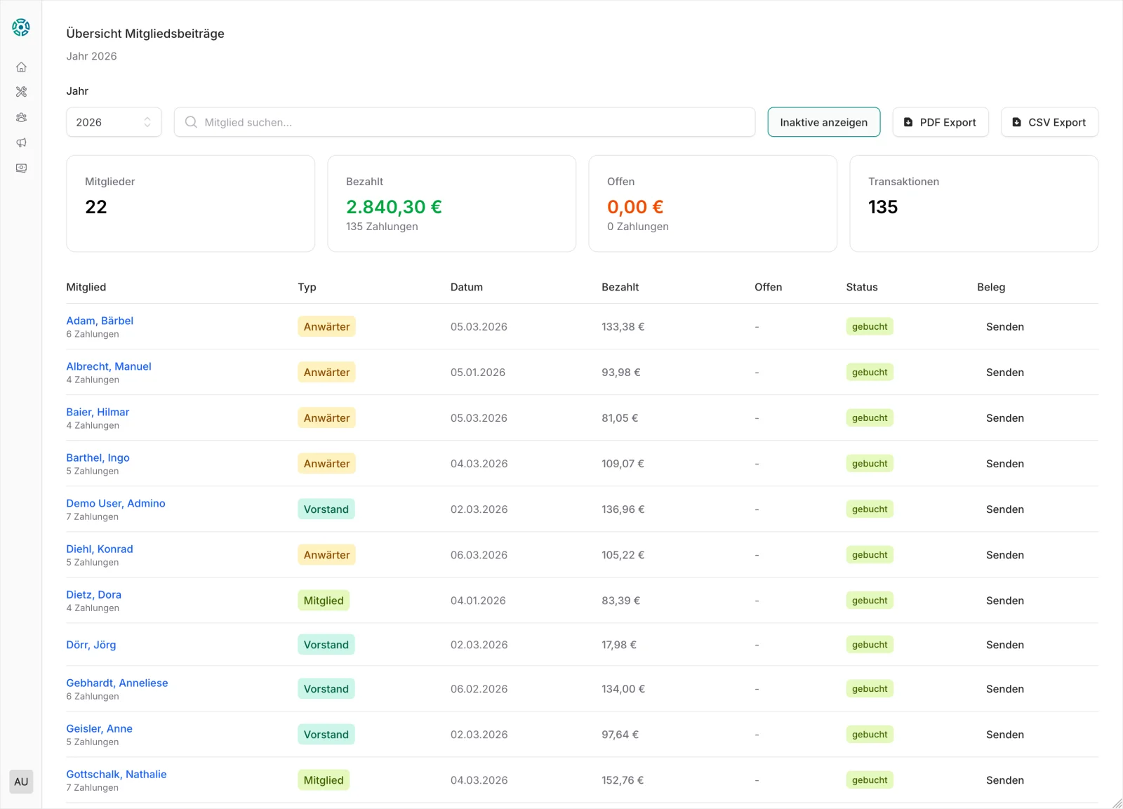CommuCore Vereinsbuchhaltung – Buchungsübersicht mit DATEV-Export und EÜR