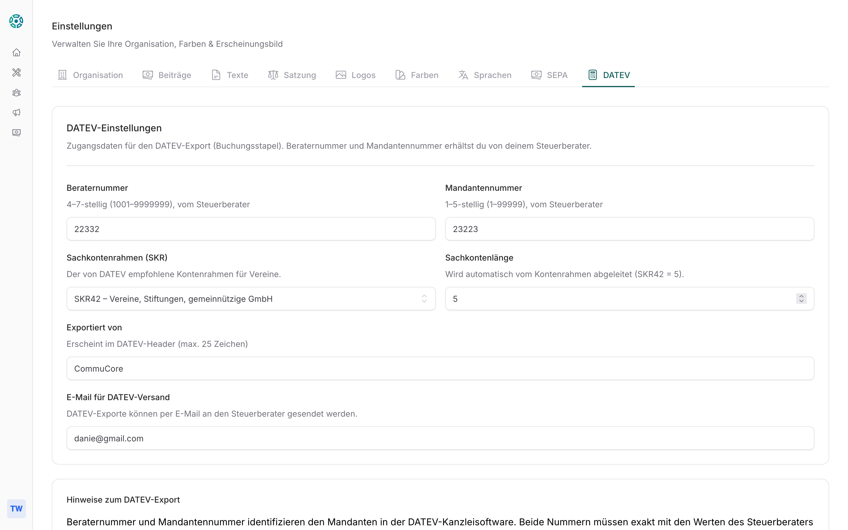 CommuCore Vereinsverwaltung: Einstellungen für DATEV bearbeiten