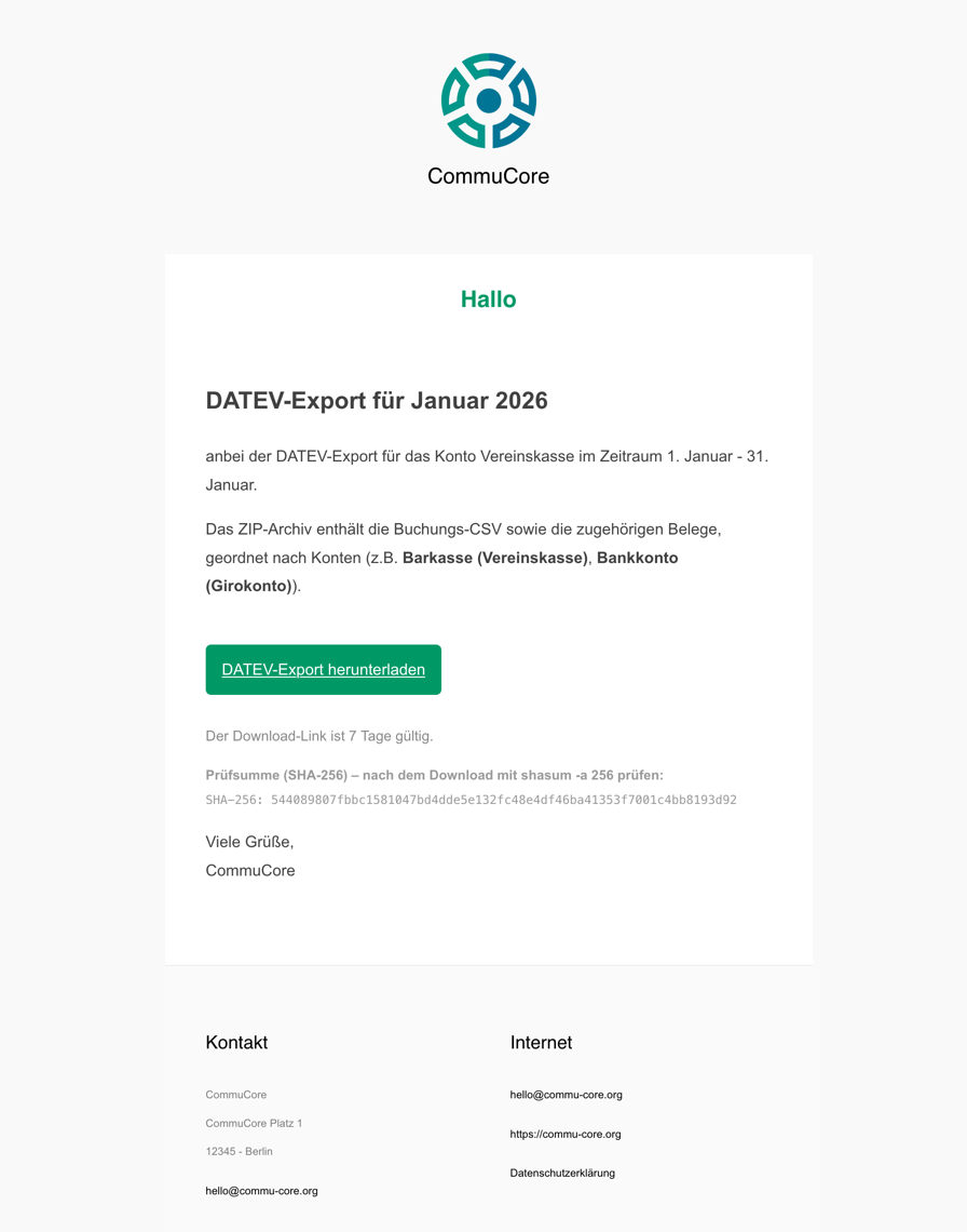 In der E-Mail-Ansicht des Steuerberaters kannst du den Download-Link per E-Mail anfordern. Dort ist auch der hash zur Sicherung angegeben.