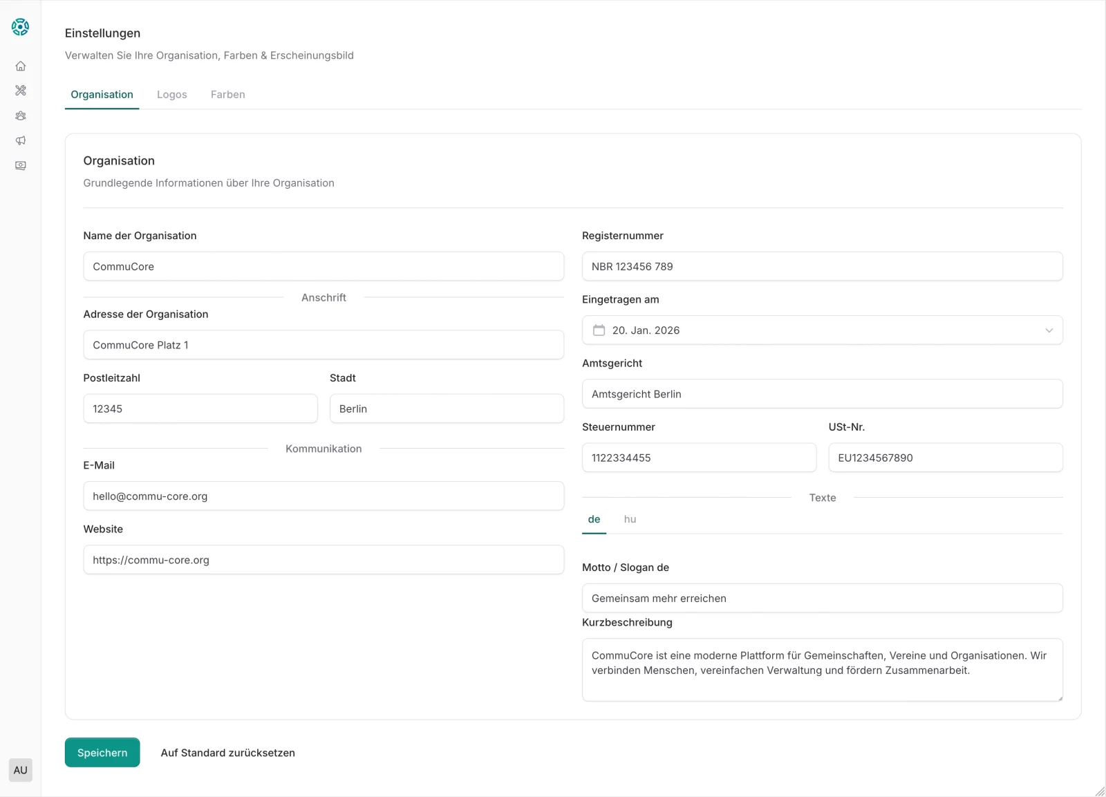 CommuCore Einstellungen Organisation