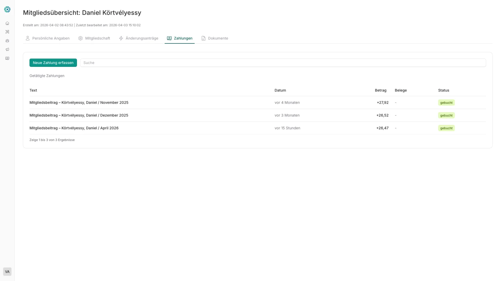 Beiträge-Tab – Zahlungshistorie und offene Posten pro Mitglied