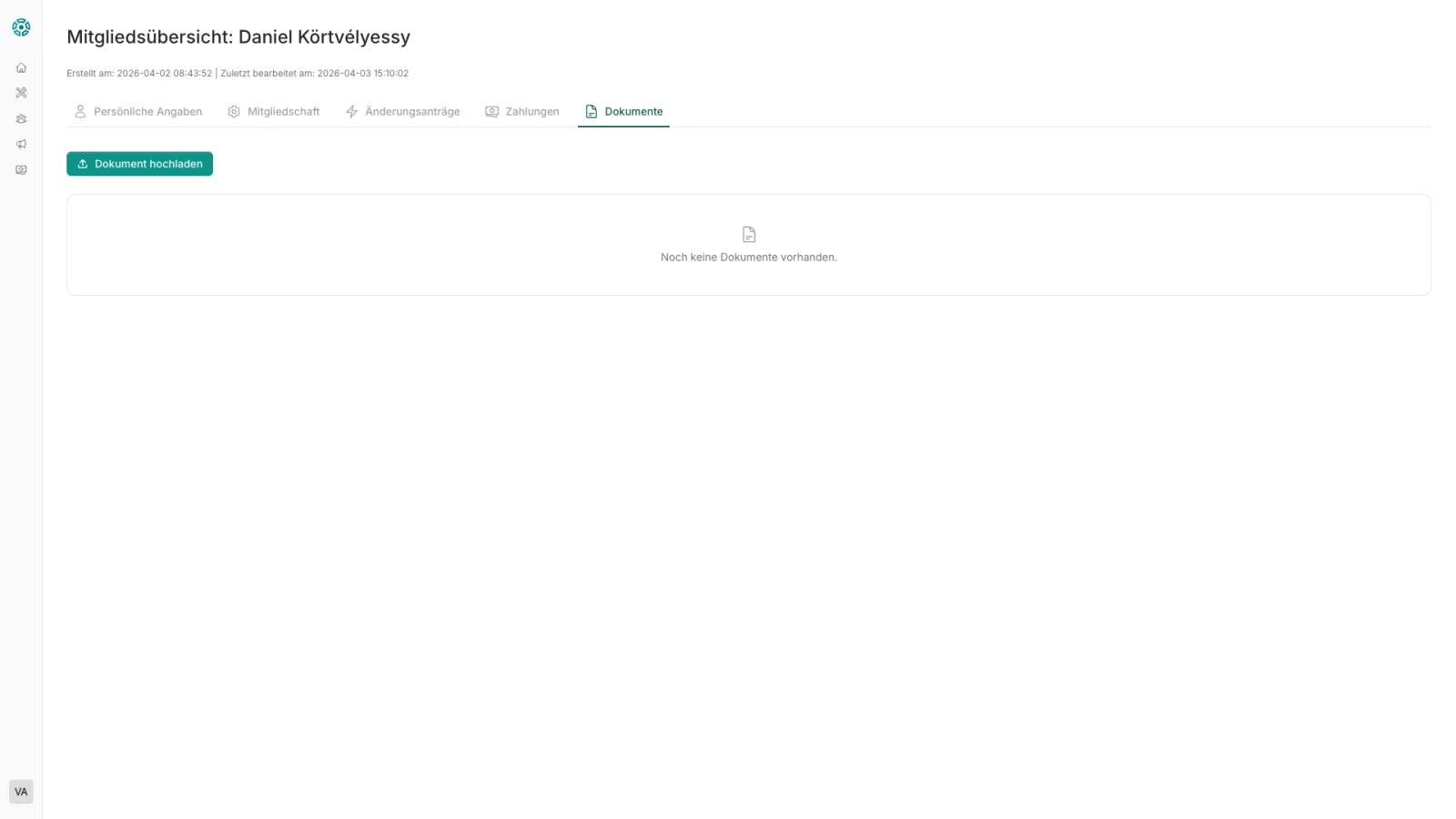 Dokumente-Tab – Aufnahmeantrag, SEPA-Mandat und vereinsspezifische Dokumente