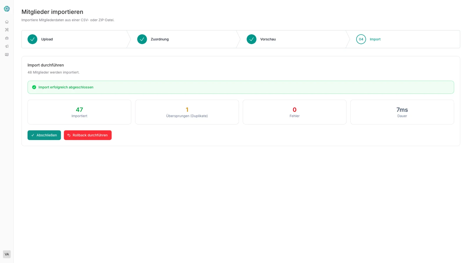 4. Ergebnis – Importprotokoll mit erfolgreichen und übersprungenen Zeilen.