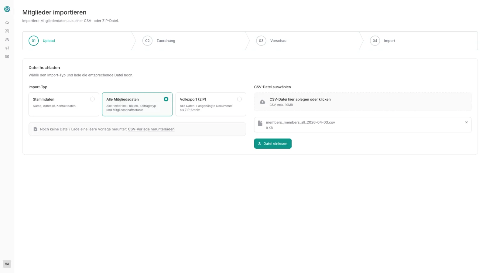 1. Datei hochladen – CSV aus Excel oder anderen Systemen hochladen.