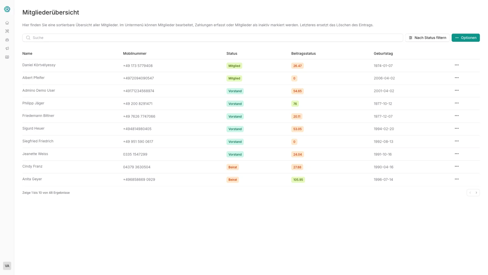 CommuCore Mitgliederübersicht – Alle Mitglieder mit Status, Beitrag und Rollen auf einen Blick