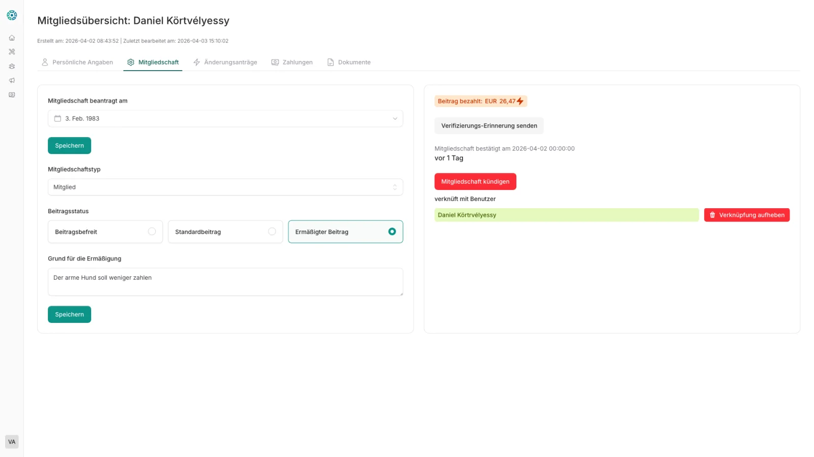 Mitgliedschaft-Tab – Typ, Beitragsstatus, Eintrittsdatum und Änderungsanträge