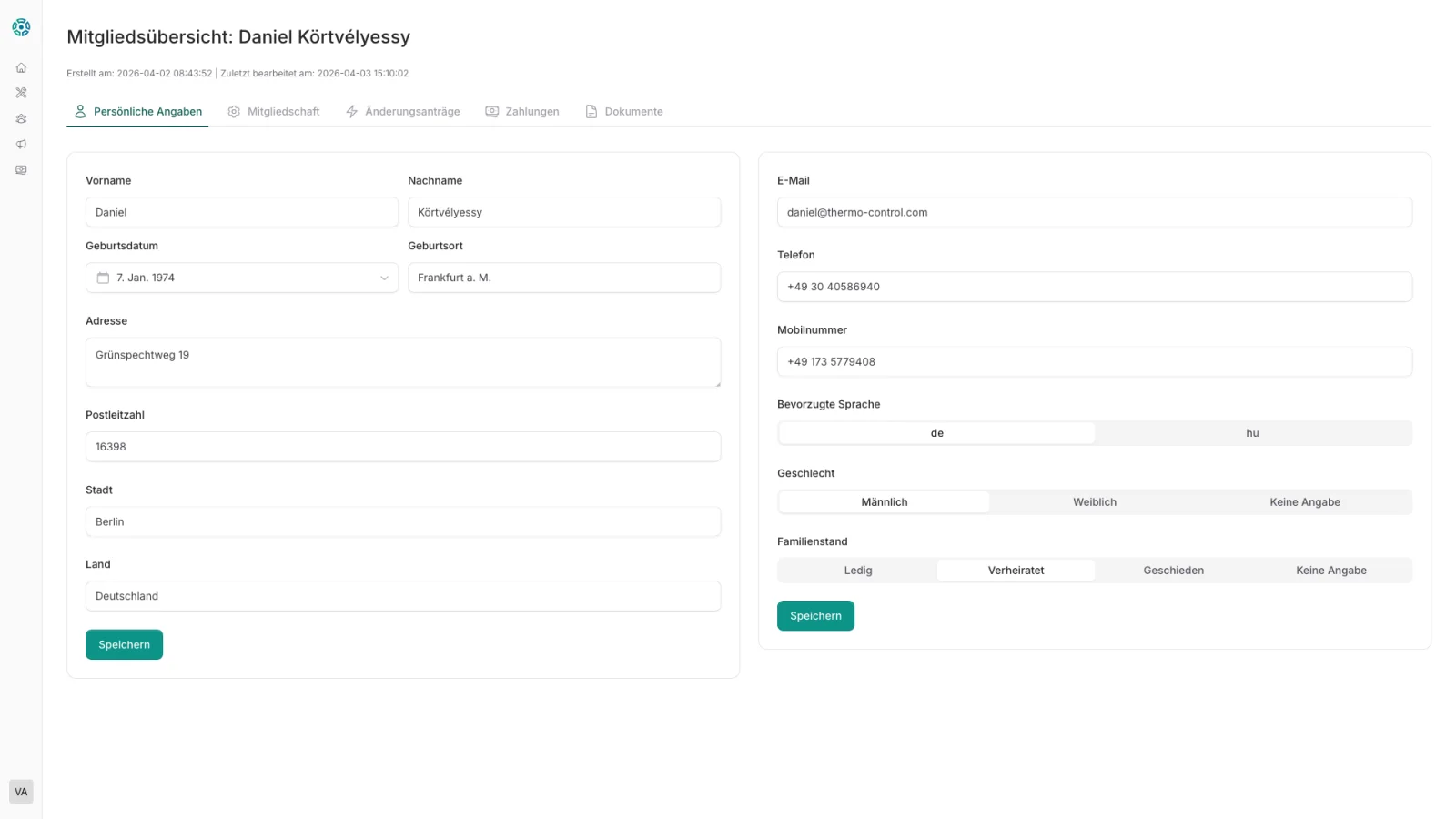 Mitgliederprofil – Stammdaten mit Name, Adresse, Geburtsdatum und Kontaktdaten