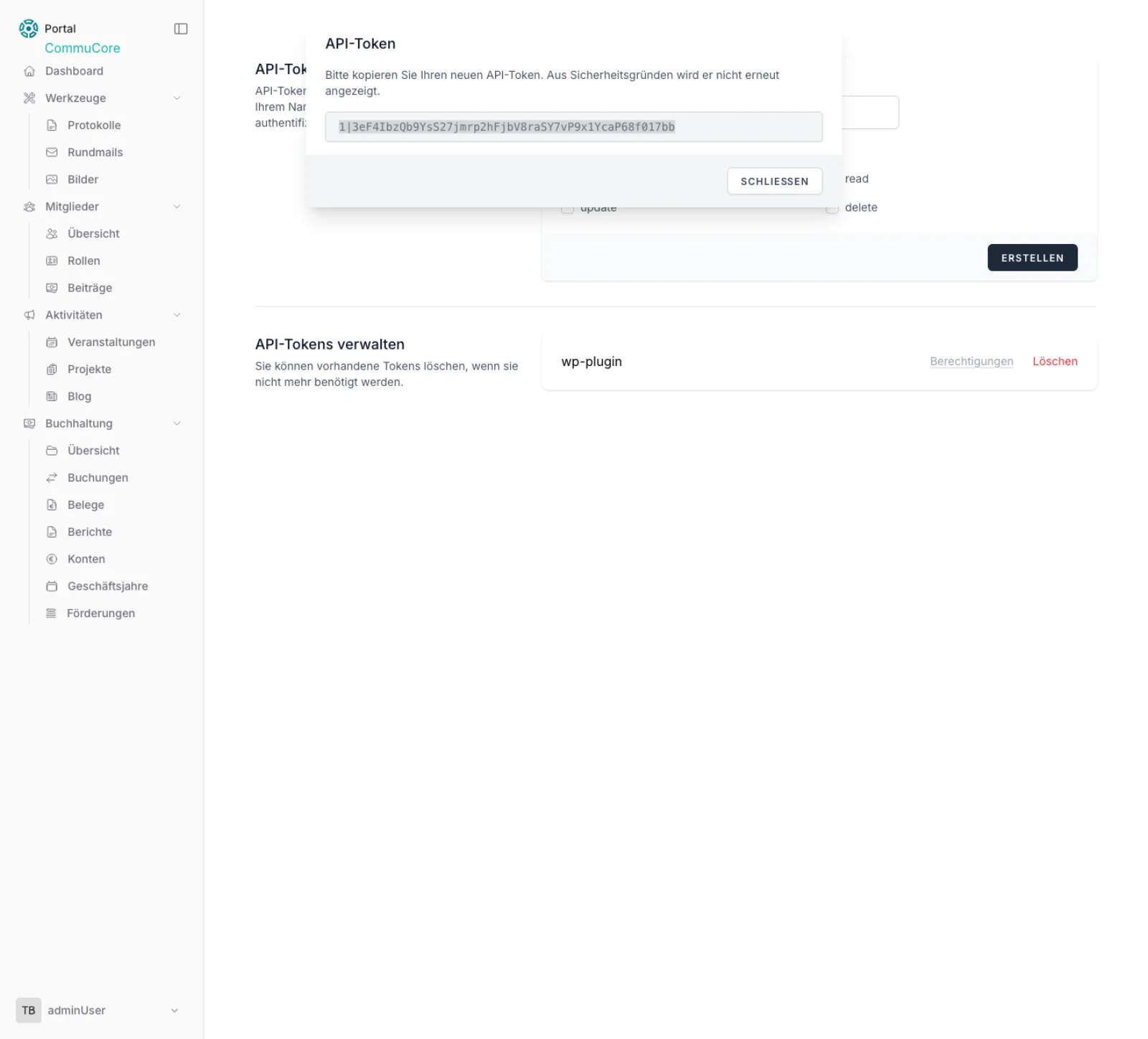 API-Token in CommuCore erstellen – Formular mit Token-Name und read-Berechtigung