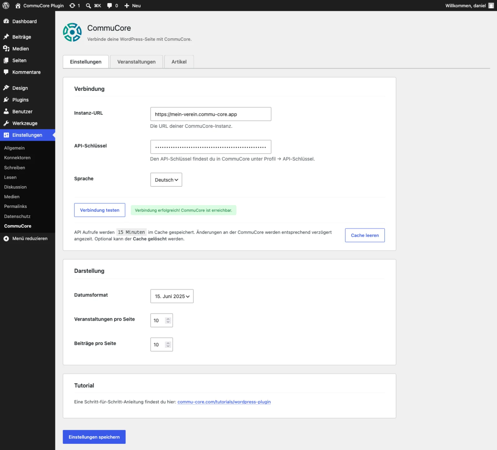 CommuCore WordPress Plugin – Verbindungstest