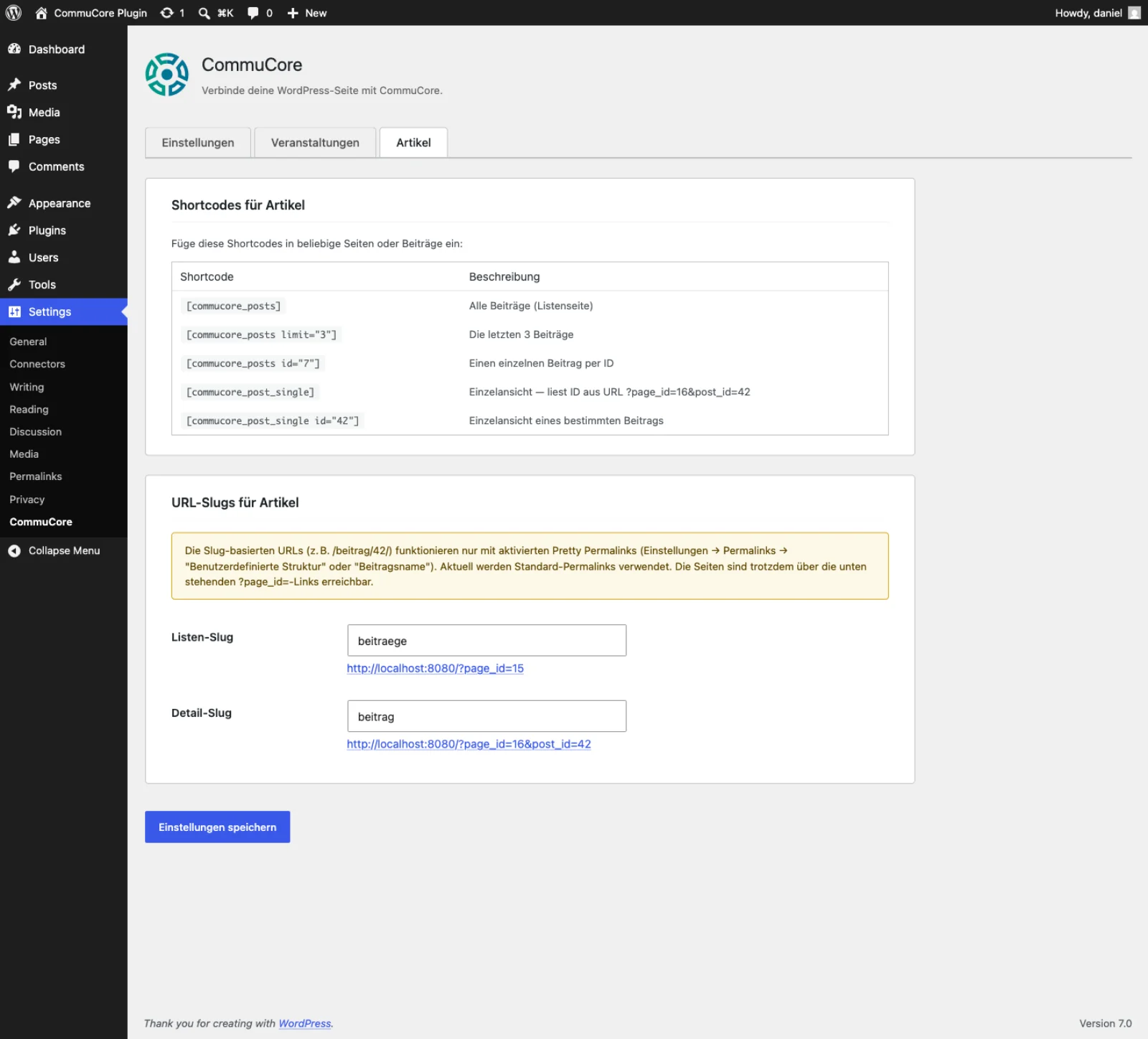 CommuCore WordPress Plugin – Shortcodes Beiträge