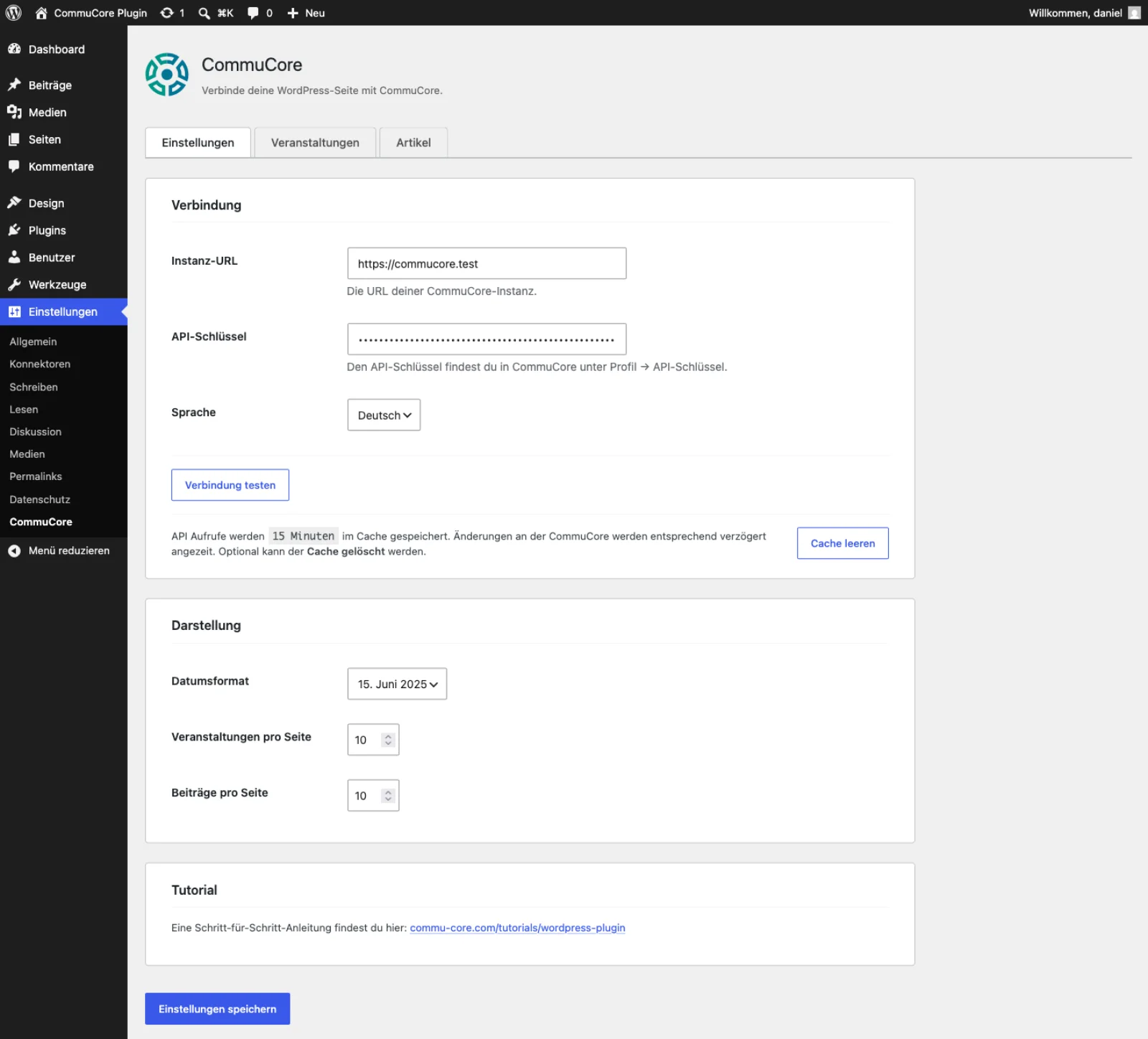 CommuCore WordPress Plugin – Einstellungen
