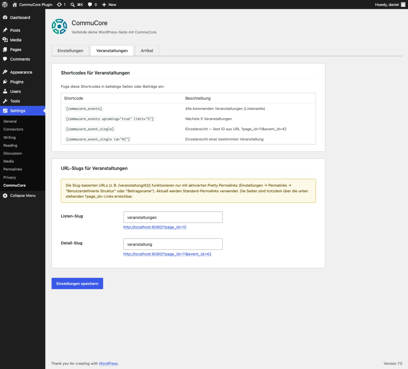 CommuCore WordPress Plugin – Shortcodes Veranstaltungen