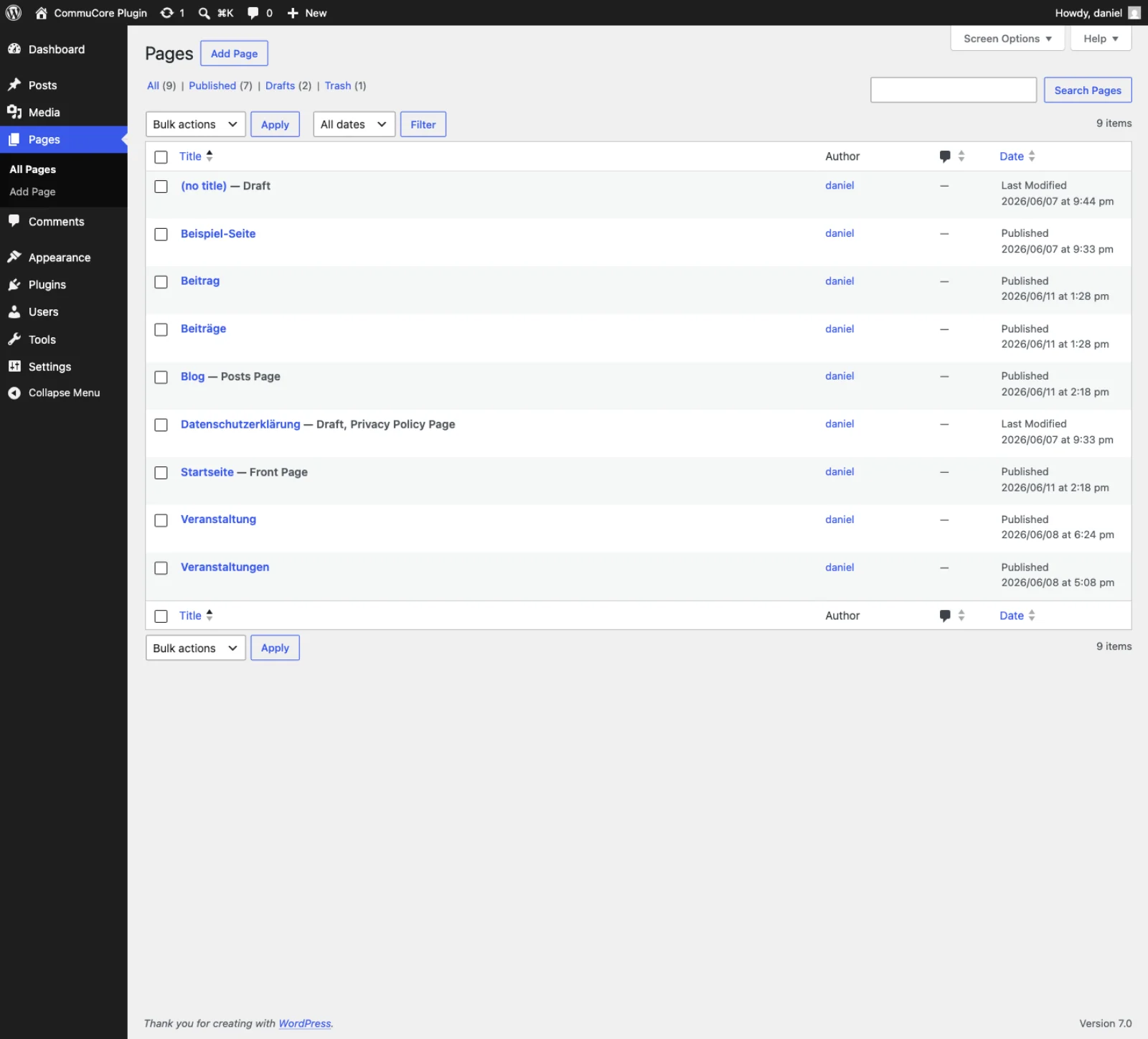 CommuCore WordPress Plugin – Automatisch angelegte Seiten