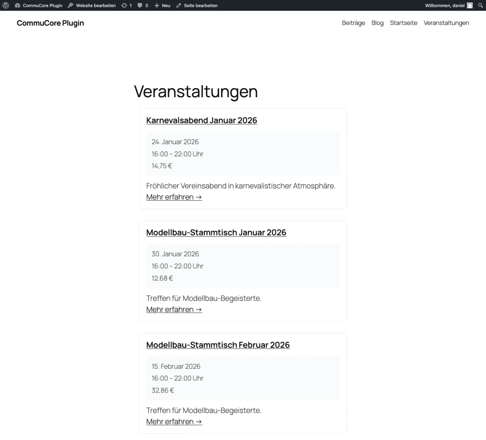 CommuCore WordPress Plugin – Veranstaltungsliste auf der WordPress-Seite