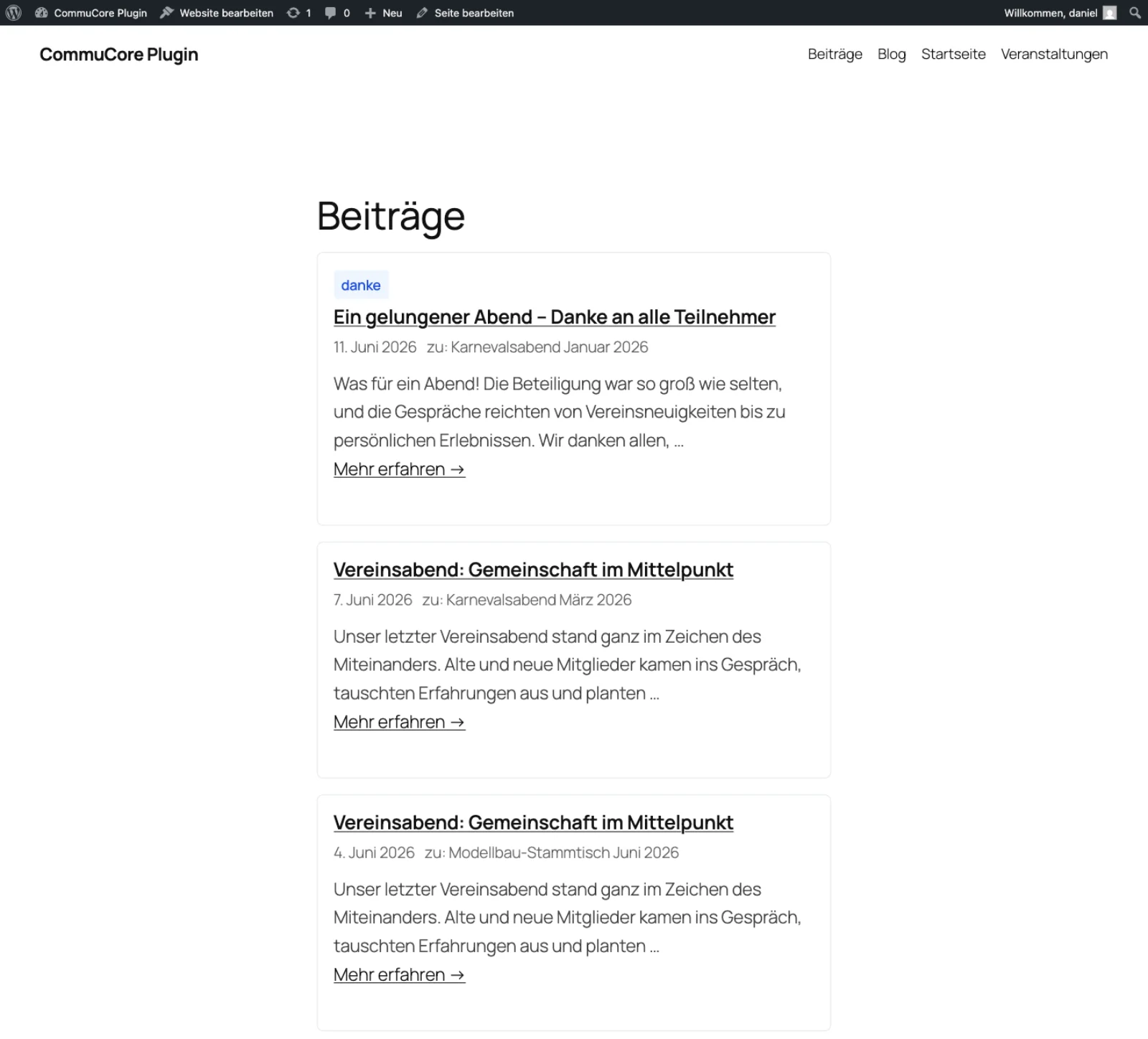 CommuCore WordPress Plugin – Beitragsliste auf der WordPress-Seite