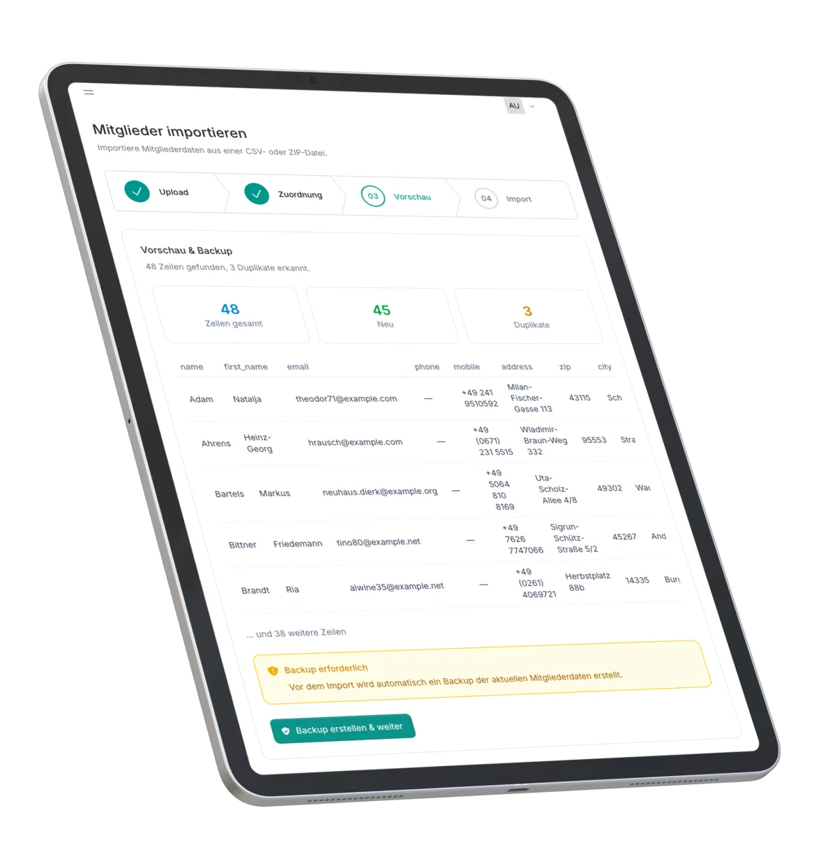 CommuCore CSV-Import: 45 von 48 Mitgliedern importiert – Duplikate automatisch erkannt, Rollback jederzeit möglich.