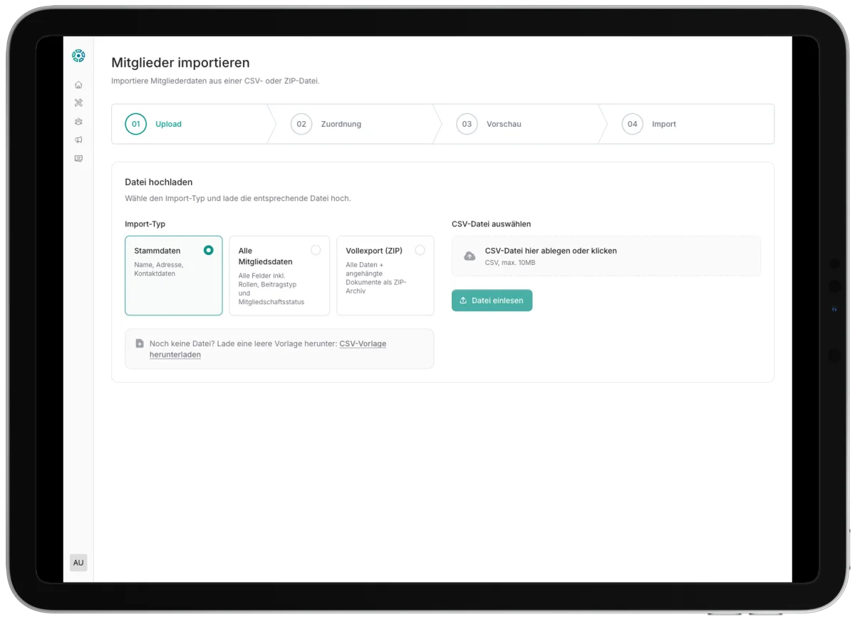 CommuCore CSV-Import: 45 von 48 Mitgliedern importiert – Duplikate automatisch erkannt, Rollback jederzeit möglich.