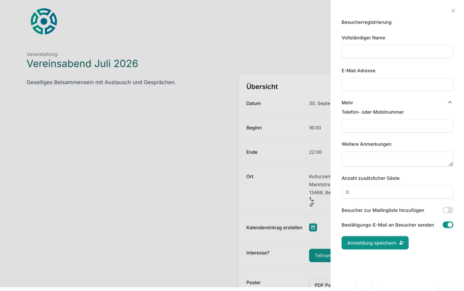 CommuCore Veranstaltungsverwaltung – Anmeldeformular für Besucher auf der öffentliche Seite