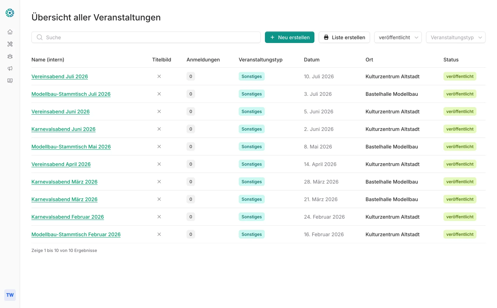 CommuCore Veranstaltungsverwaltung – Übersicht aller Termine mit Datum, Ort und Teilnehmerzahl