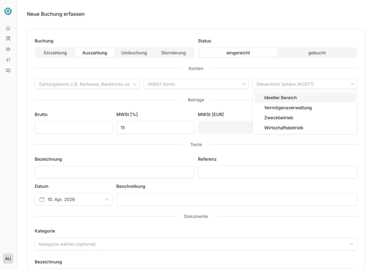 CommuCore Buchungsmaske – Steuerliche Sphäre (KOST1) mit allen vier SKR42-Sphären wählbar