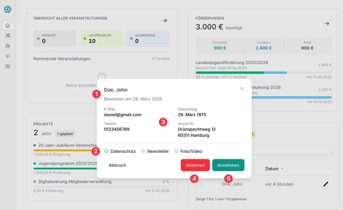Detailansicht einer Mitgliederbewerbung in CommuCore