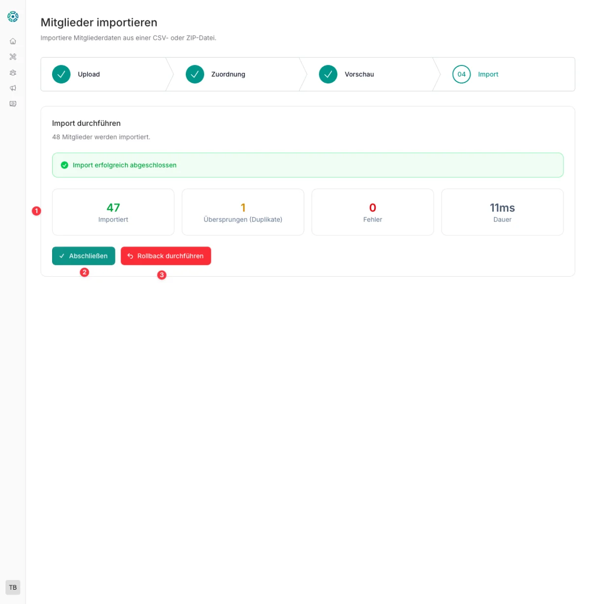 CommuCore Import – Protokoll: 47 importiert, 1 Duplikat übersprungen, Rollback-Button