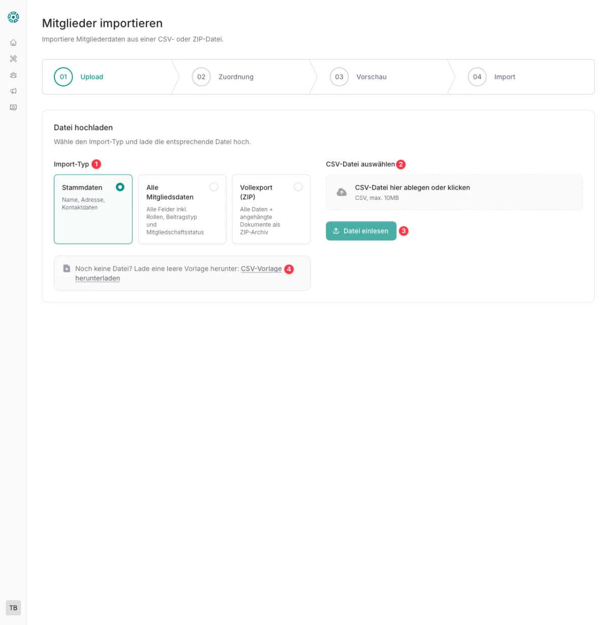 CommuCore Import-Assistent – Import-Typ wählen und CSV-Datei hochladen