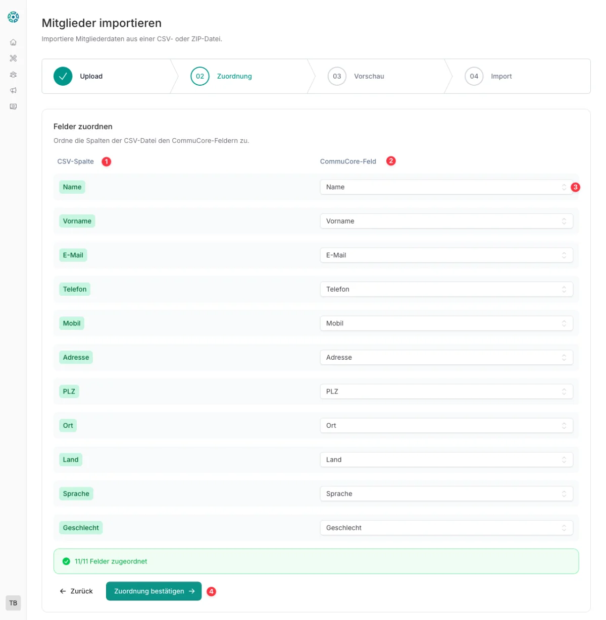 CommuCore Import – Spalten-Zuordnung: CSV-Spalten den CommuCore-Feldern zuordnen